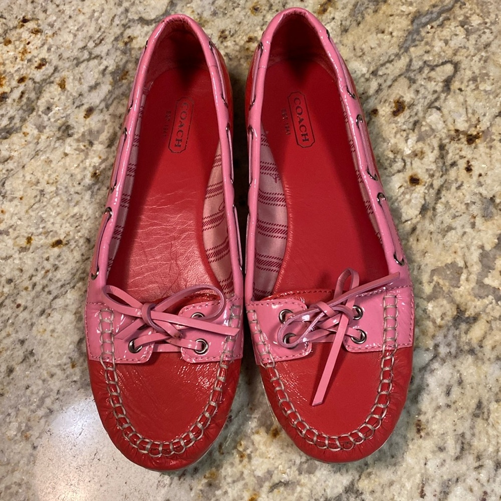 Pink and red Coach boat shoes size 7